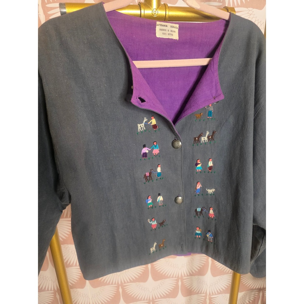 Artesania Sorata Sz M Hand Embroidered Cotton Jacket Grey Llama Folk Art Buttons